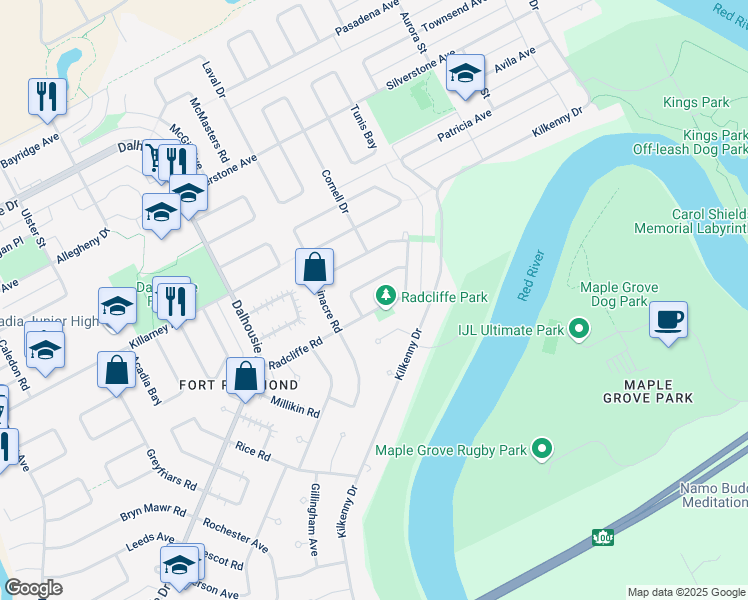 map of restaurants, bars, coffee shops, grocery stores, and more near 87 Radcliffe Road in Winnipeg