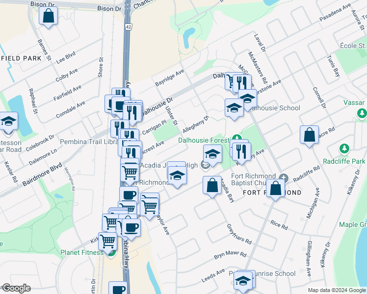 map of restaurants, bars, coffee shops, grocery stores, and more near 170 Ulster Street in Winnipeg