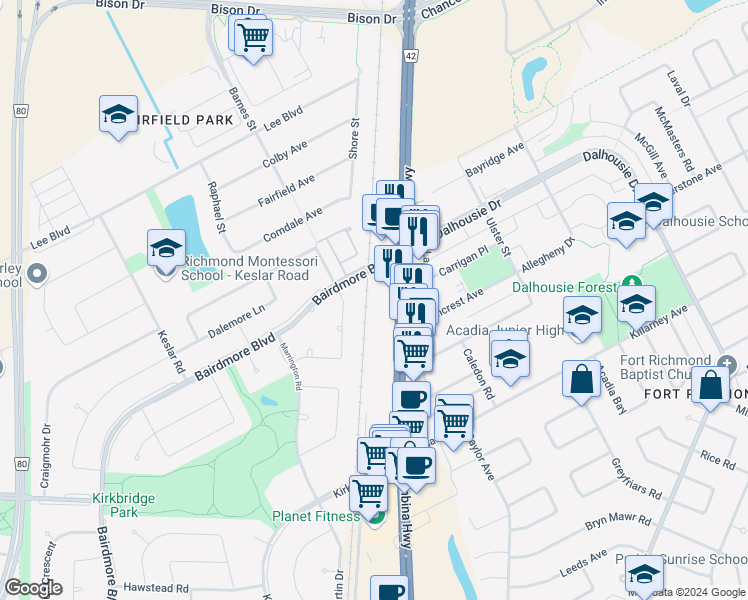 map of restaurants, bars, coffee shops, grocery stores, and more near 2735 Pembina Highway in Winnipeg