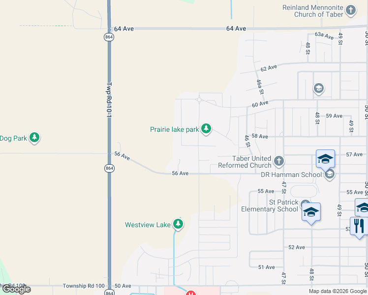 map of restaurants, bars, coffee shops, grocery stores, and more near 66 Prarie Gold Street in Taber