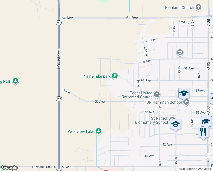 map of restaurants, bars, coffee shops, grocery stores, and more near Sage Brush Avenue in Taber