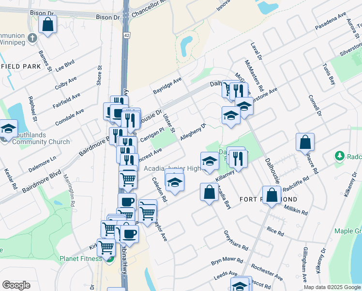map of restaurants, bars, coffee shops, grocery stores, and more near 170 Ulster Street in Winnipeg