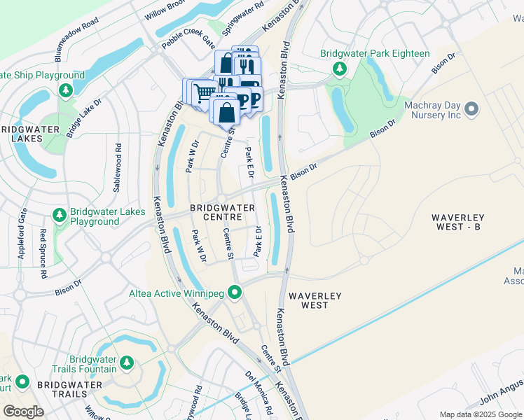 map of restaurants, bars, coffee shops, grocery stores, and more near 199 Park East Drive in Winnipeg