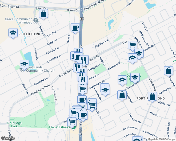 map of restaurants, bars, coffee shops, grocery stores, and more near 933 Carrigan Place in Winnipeg