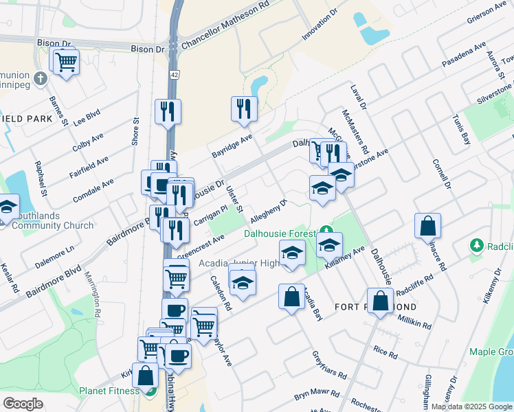 map of restaurants, bars, coffee shops, grocery stores, and more near 130 Ulster Street in Winnipeg