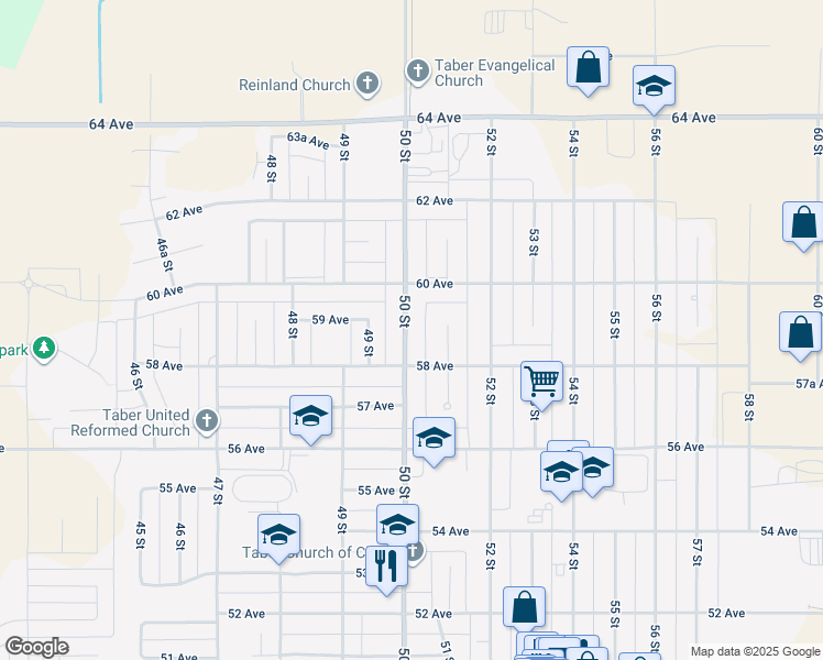 map of restaurants, bars, coffee shops, grocery stores, and more near 5901 50 Street in Taber