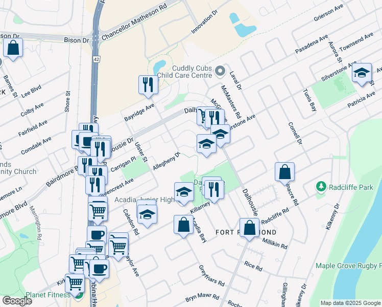 map of restaurants, bars, coffee shops, grocery stores, and more near 814 Allegheny Drive in Winnipeg