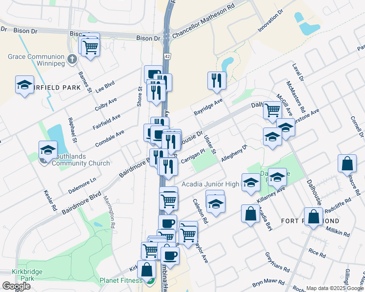 map of restaurants, bars, coffee shops, grocery stores, and more near 28 Dalhousie Drive in Winnipeg