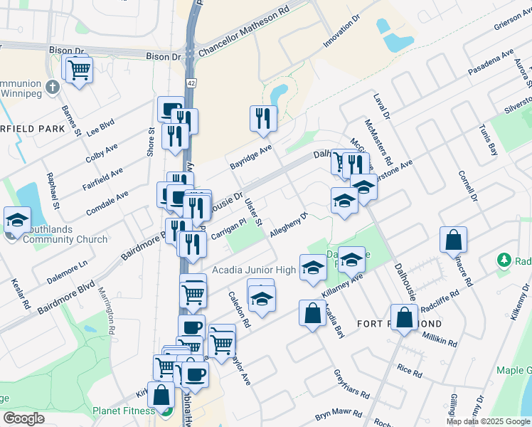 map of restaurants, bars, coffee shops, grocery stores, and more near 130 Ulster Street in Winnipeg