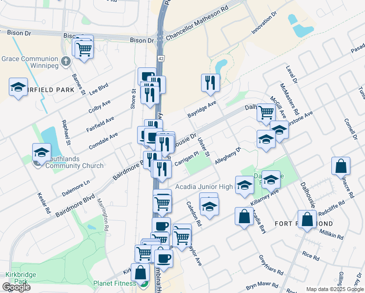 map of restaurants, bars, coffee shops, grocery stores, and more near 28 Dalhousie Drive in Winnipeg