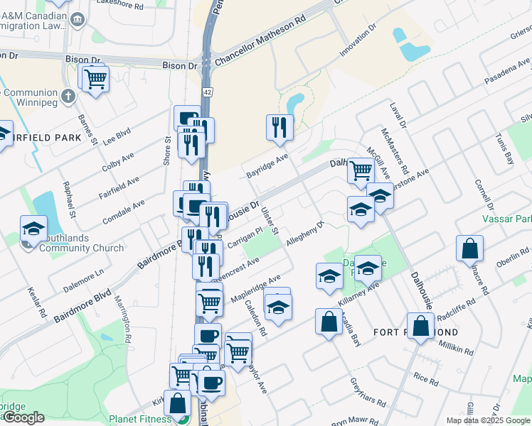 map of restaurants, bars, coffee shops, grocery stores, and more near Ulster Street in Winnipeg