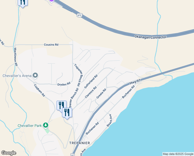 map of restaurants, bars, coffee shops, grocery stores, and more near 5227 Sutherland Road in Peachland