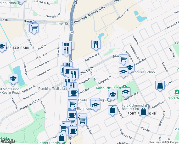 map of restaurants, bars, coffee shops, grocery stores, and more near 95 Ulster Street in Winnipeg