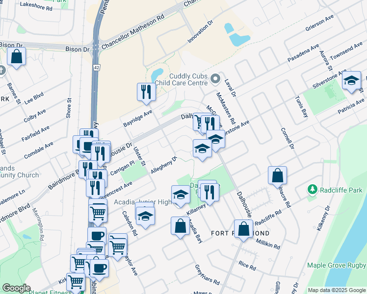 map of restaurants, bars, coffee shops, grocery stores, and more near 814 Allegheny Drive in Winnipeg