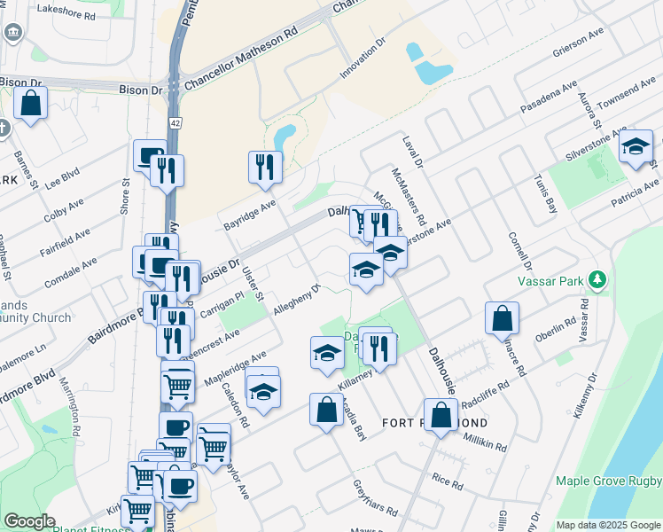 map of restaurants, bars, coffee shops, grocery stores, and more near 814 Allegheny Drive in Winnipeg