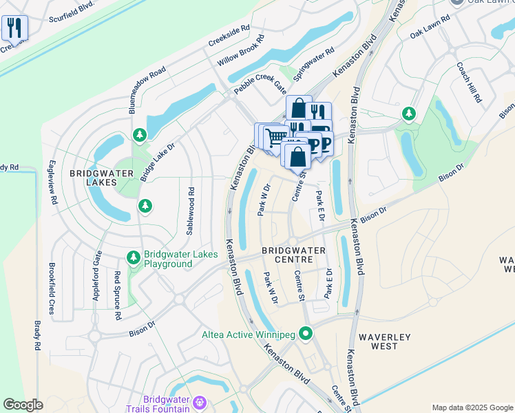 map of restaurants, bars, coffee shops, grocery stores, and more near 186 Park West Drive in Winnipeg