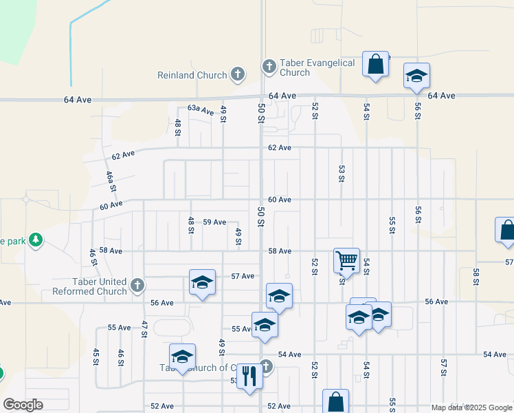 map of restaurants, bars, coffee shops, grocery stores, and more near 5916 50 Street in Taber