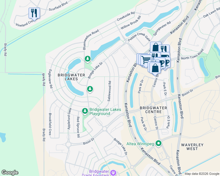 map of restaurants, bars, coffee shops, grocery stores, and more near Sablewood Road in Winnipeg