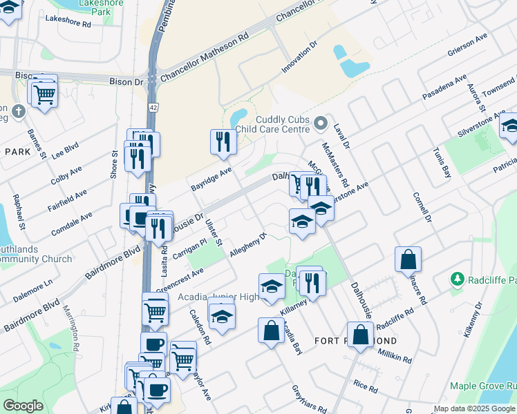 map of restaurants, bars, coffee shops, grocery stores, and more near 770 Allegheny Drive in Winnipeg