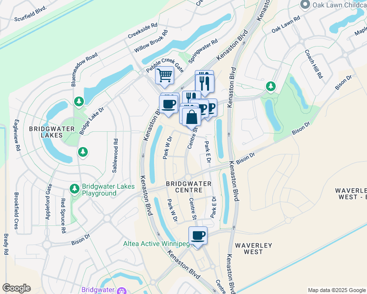 map of restaurants, bars, coffee shops, grocery stores, and more near 186 Park West Drive in Winnipeg