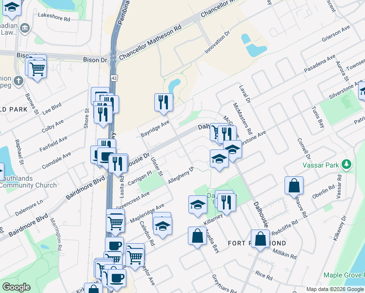 map of restaurants, bars, coffee shops, grocery stores, and more near Allegheny Drive in Winnipeg