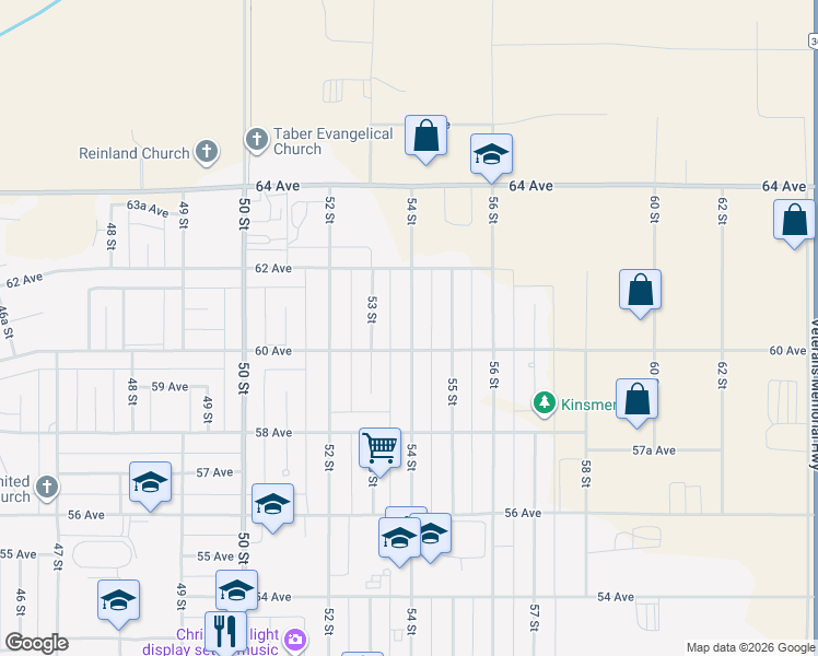 map of restaurants, bars, coffee shops, grocery stores, and more near 6010 54 Street in Taber