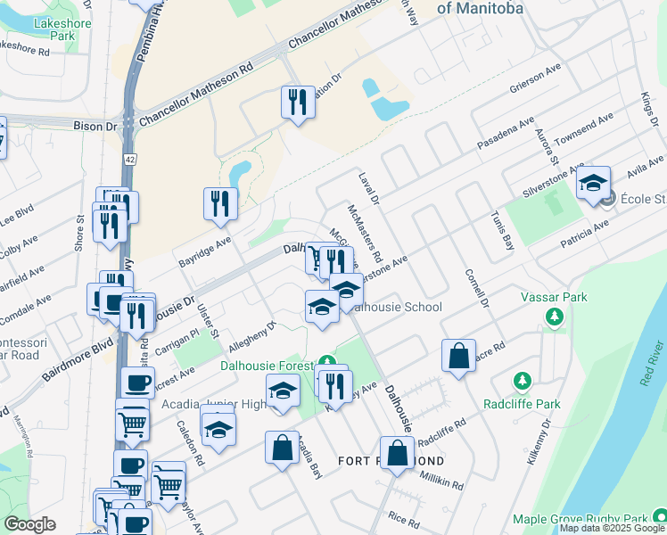 map of restaurants, bars, coffee shops, grocery stores, and more near 211 Dalhousie Drive in Winnipeg