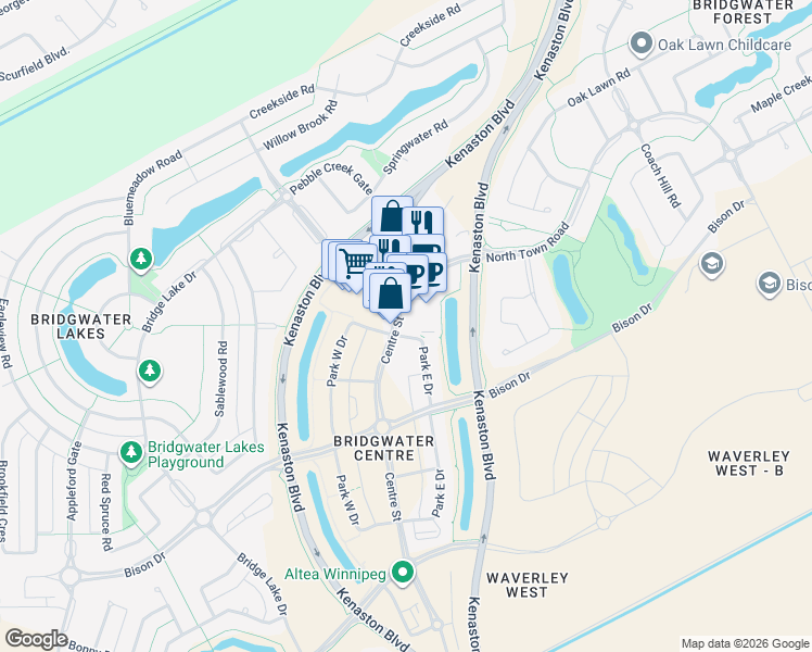 map of restaurants, bars, coffee shops, grocery stores, and more near 440-350 North Town Road in Winnipeg