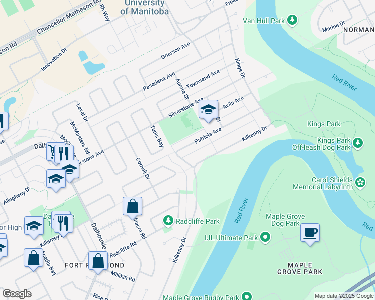 map of restaurants, bars, coffee shops, grocery stores, and more near 688 Patricia Avenue in Winnipeg