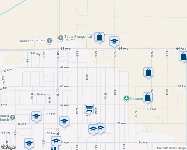 map of restaurants, bars, coffee shops, grocery stores, and more near 6010 54 Street in Taber