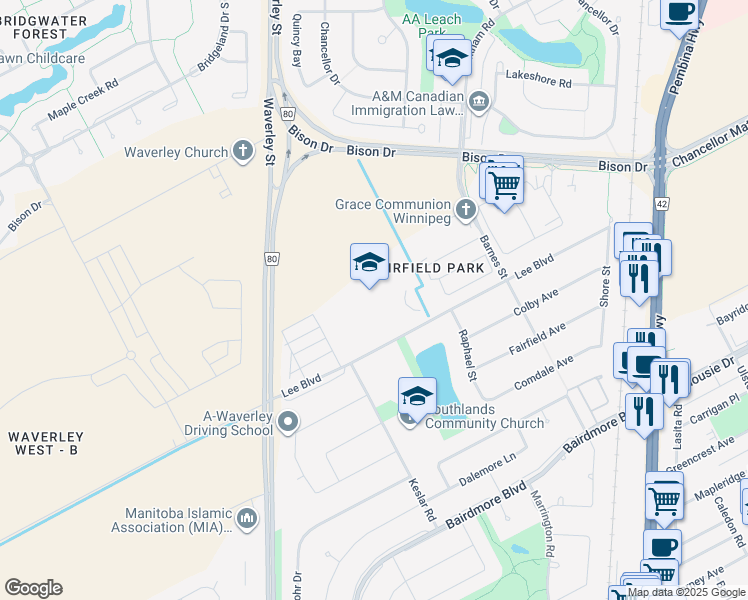 map of restaurants, bars, coffee shops, grocery stores, and more near 1301 Lee Boulevard in Winnipeg