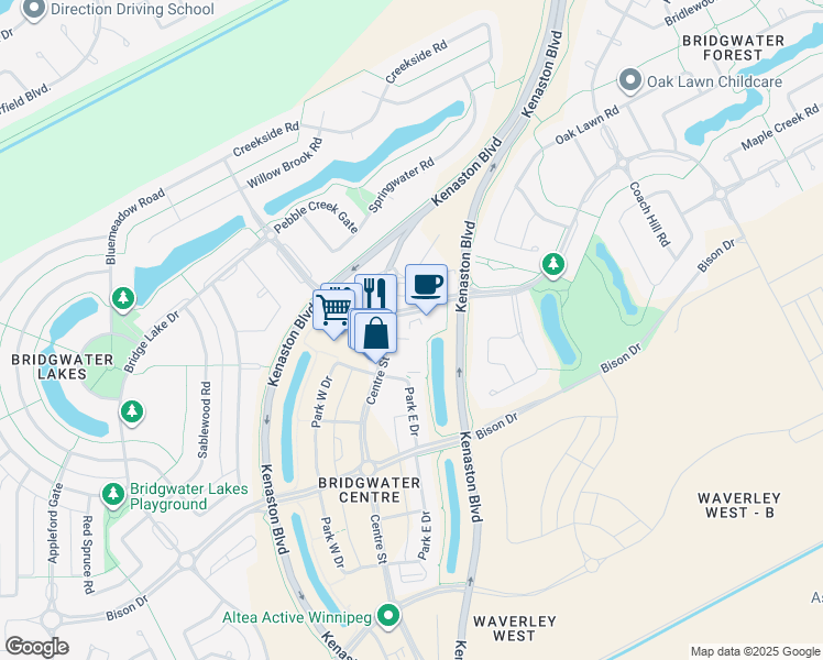 map of restaurants, bars, coffee shops, grocery stores, and more near 350 North Town Road in Winnipeg