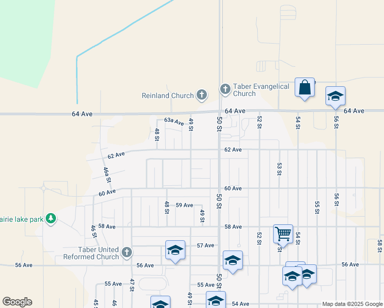 map of restaurants, bars, coffee shops, grocery stores, and more near 4902 62 Avenue in Taber