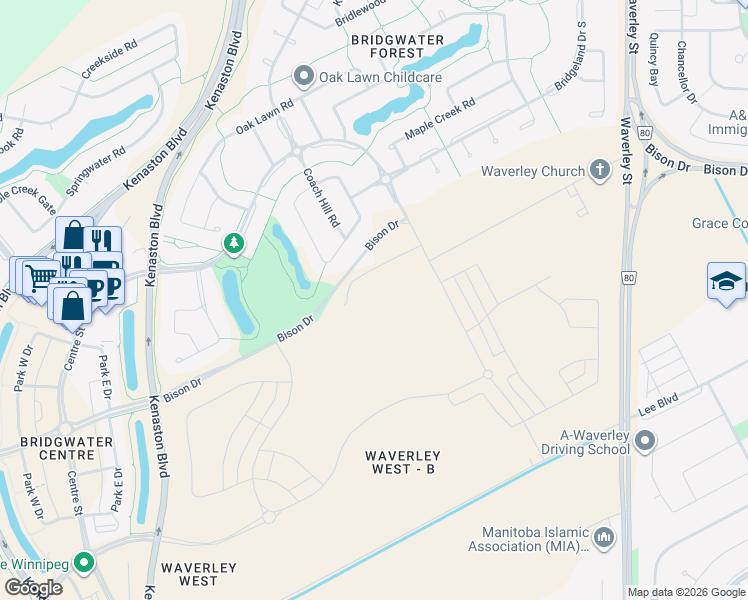 map of restaurants, bars, coffee shops, grocery stores, and more near 50 Frontier Trail in Winnipeg