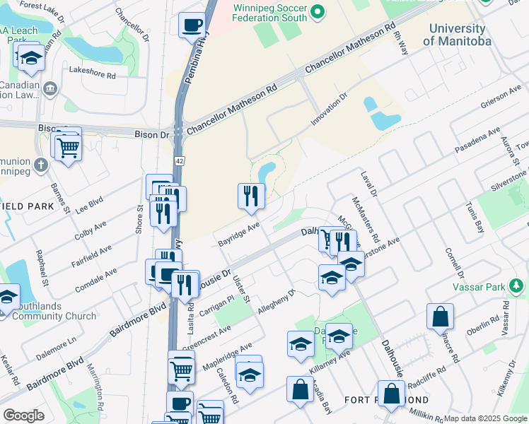 map of restaurants, bars, coffee shops, grocery stores, and more near 143 Bayridge Avenue in Winnipeg