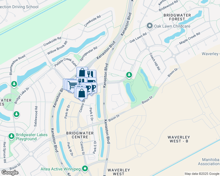 map of restaurants, bars, coffee shops, grocery stores, and more near 10 Hill Grove Point in Winnipeg