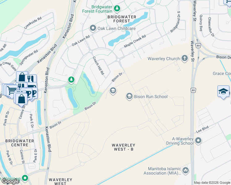 map of restaurants, bars, coffee shops, grocery stores, and more near 50 Frontier Trail in Winnipeg