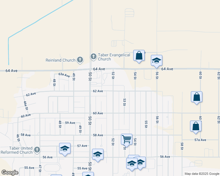 map of restaurants, bars, coffee shops, grocery stores, and more near 6202 52 Street in Taber