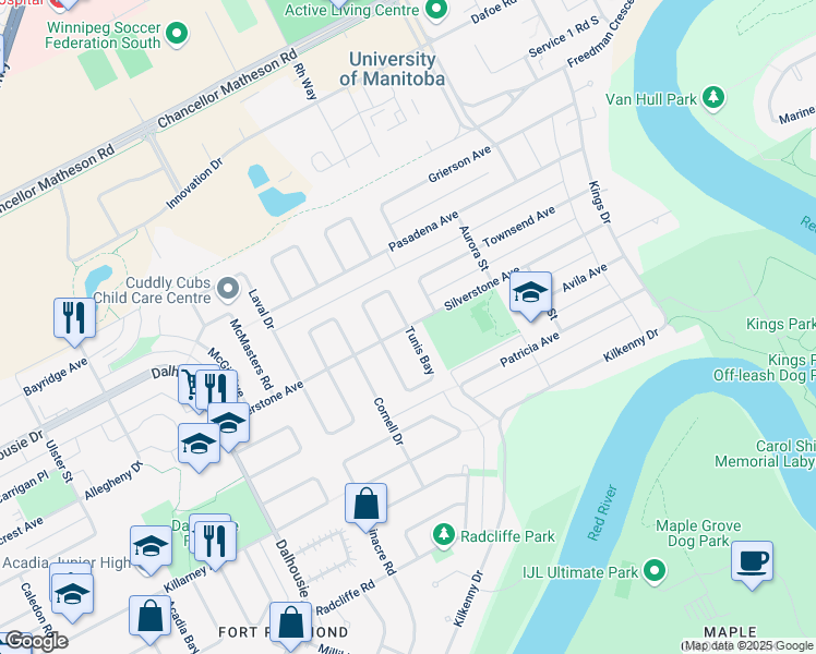 map of restaurants, bars, coffee shops, grocery stores, and more near Silverstone Avenue in Winnipeg