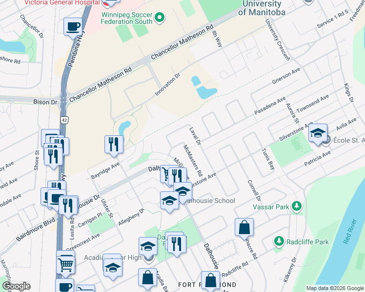 map of restaurants, bars, coffee shops, grocery stores, and more near 50 McMasters Road in Winnipeg