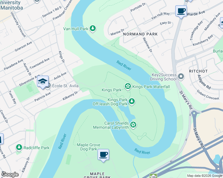 map of restaurants, bars, coffee shops, grocery stores, and more near 198 Kings Drive in Winnipeg