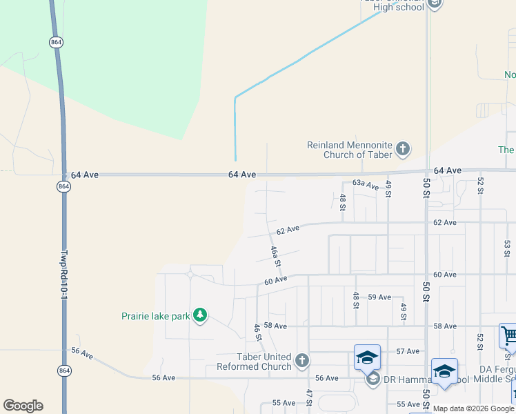map of restaurants, bars, coffee shops, grocery stores, and more near 6211 46A Street in Taber