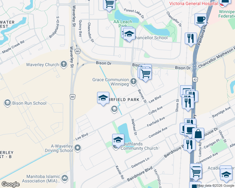 map of restaurants, bars, coffee shops, grocery stores, and more near in Winnipeg