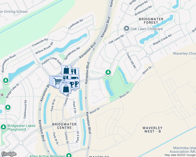 map of restaurants, bars, coffee shops, grocery stores, and more near North Town Road in Winnipeg