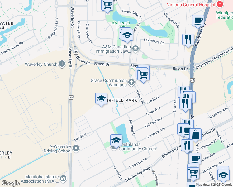 map of restaurants, bars, coffee shops, grocery stores, and more near 80 Barnes Street in Winnipeg