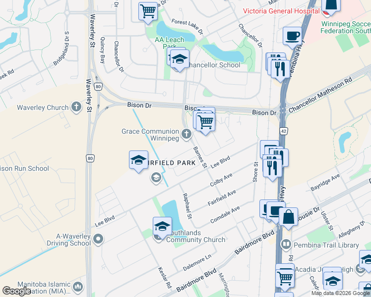 map of restaurants, bars, coffee shops, grocery stores, and more near 50 Barnes Street in Winnipeg