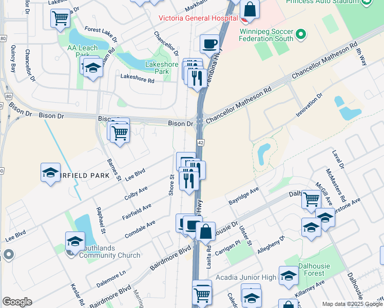 map of restaurants, bars, coffee shops, grocery stores, and more near 2537 Pembina Highway in Winnipeg