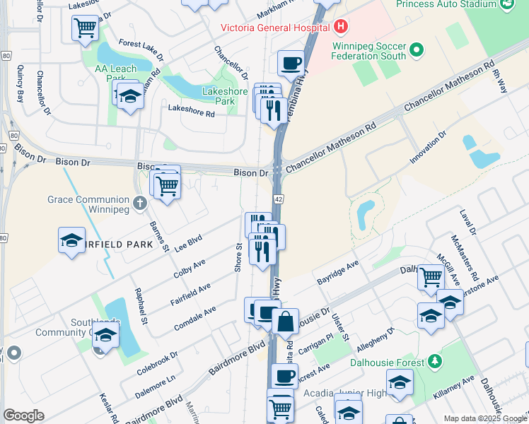 map of restaurants, bars, coffee shops, grocery stores, and more near 2537 Pembina Highway in Winnipeg
