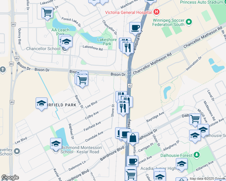 map of restaurants, bars, coffee shops, grocery stores, and more near 1029 Lee Boulevard in Winnipeg