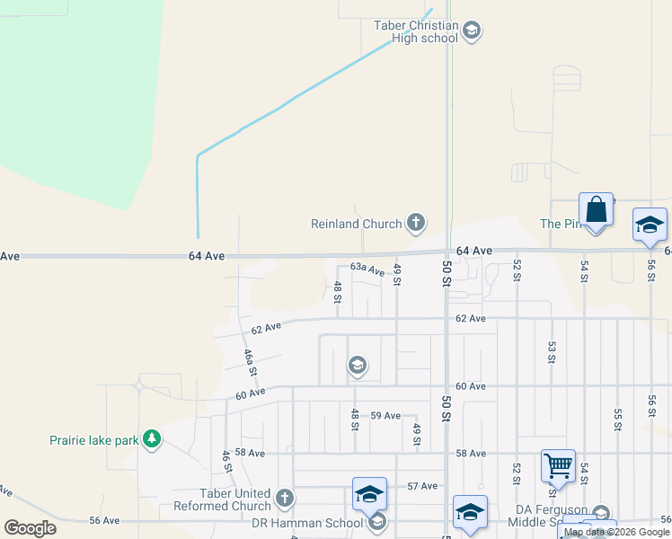 map of restaurants, bars, coffee shops, grocery stores, and more near 6314 48 Street in Taber